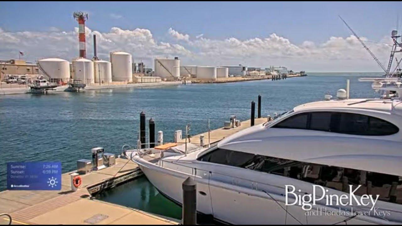 Marina with yachts, calm water, blue sky, industrial buildings in the background.