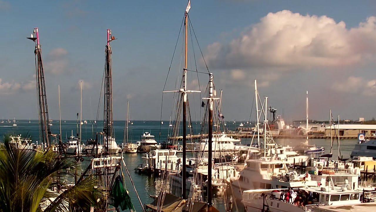 Marina with sailboats and yachts under a blue sky with clouds.