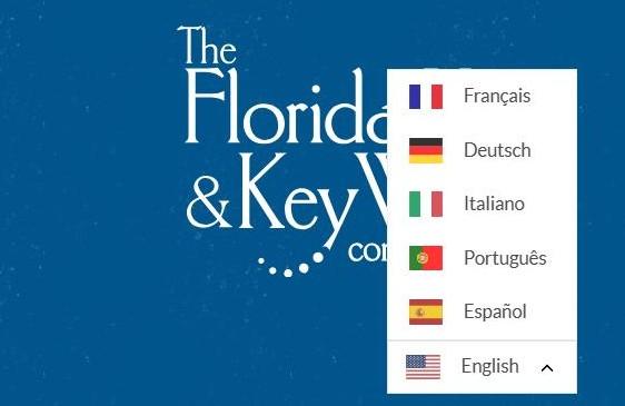 Florida Keys & Key West logo with language dropdown menu.