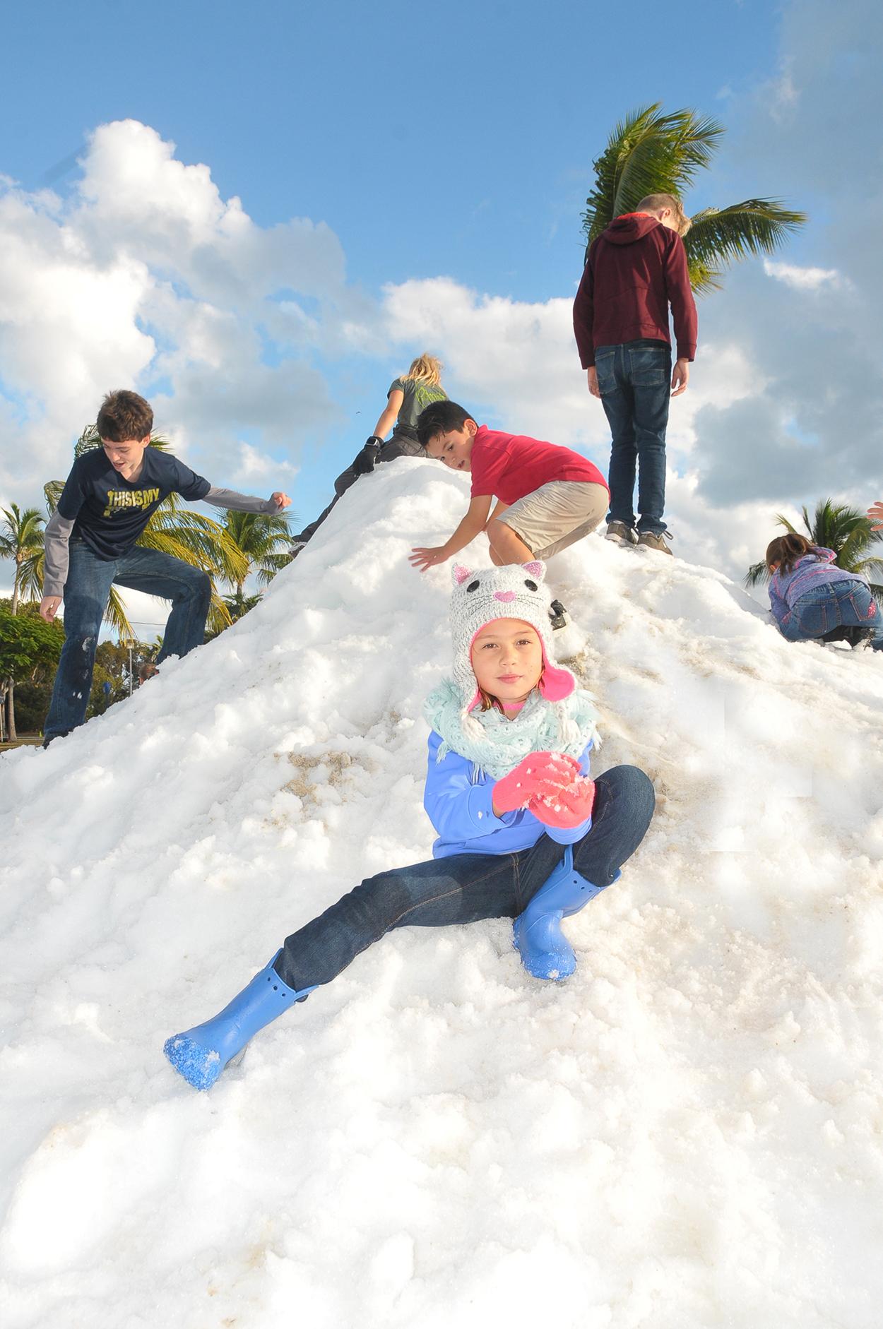 Children climbing on a snowy hill under a blue sky.