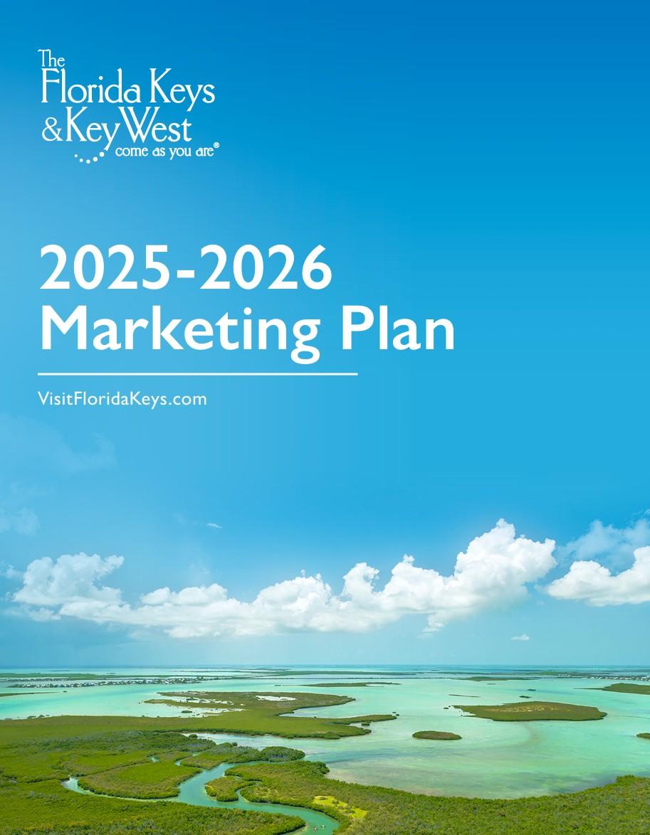 Visit Florida Keys 2025-2026 Marketing Plan document cover featuring Florida Keys aerial view under a bright blue sky with fluffy clouds.