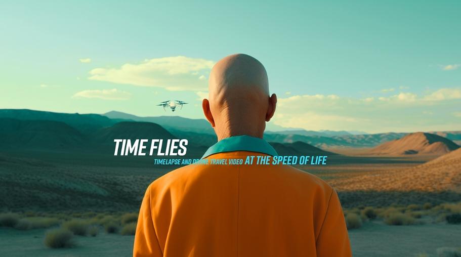 Bald person in an orange jacket faces a desert landscape at sunset.