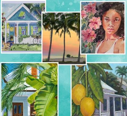 Tropical collage: houses, palm trees, lemons, flowers, and a woman's portrait.