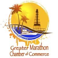 Greater Marathon Chamber of Commerce logo, palm trees, sunset, and bridge.