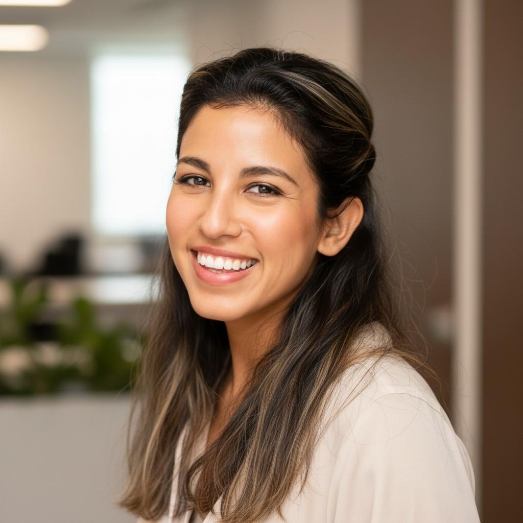 Smiling person in an office setting with blurred background.