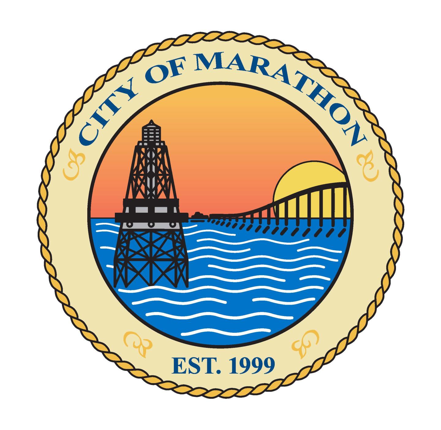 City of Marathon logo with sun, sea, and tower.
