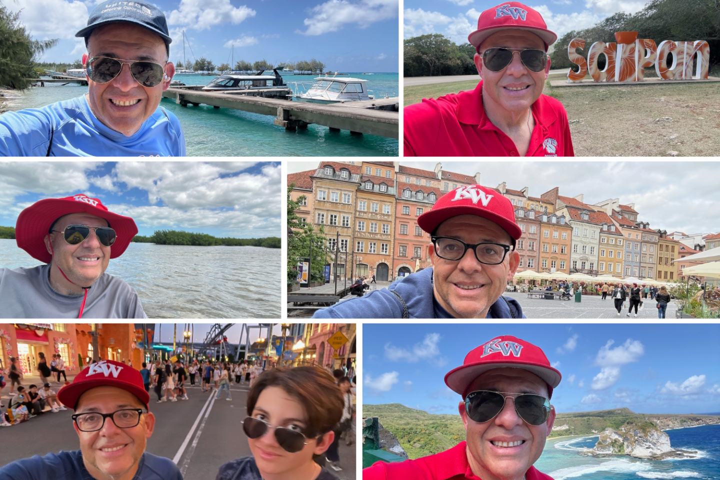 Collage of a person wearing sunglasses in various scenic locations.