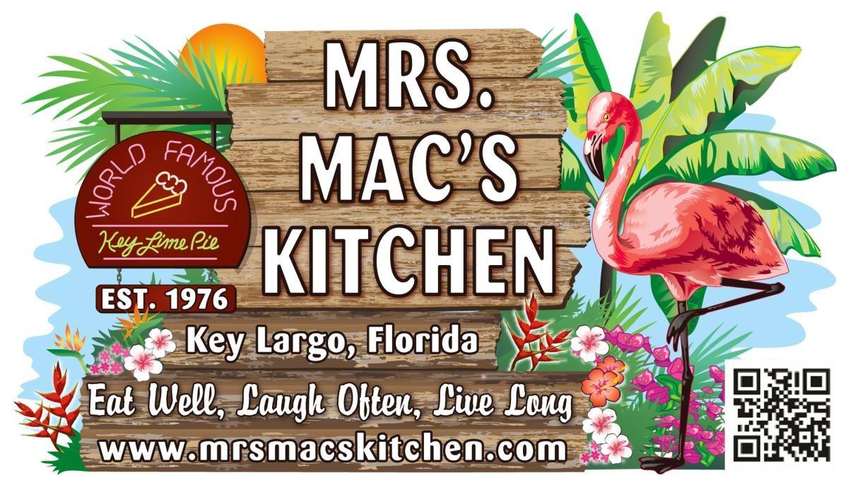 Mrs. Mac's Kitchen logo with tropical theme and flamingo illustration.