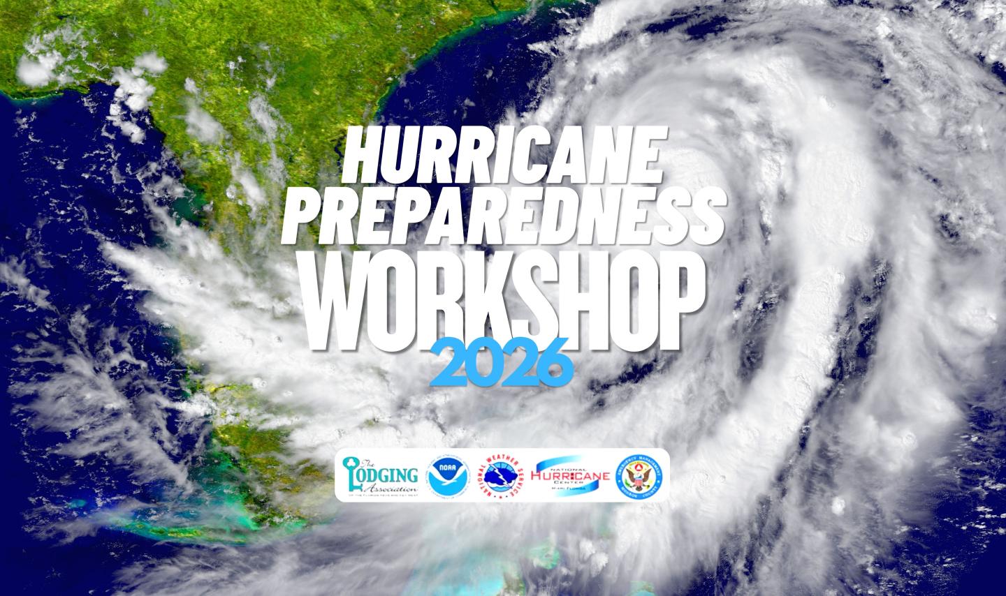 Satellite view of a hurricane near North America with workshop logos at the bottom.