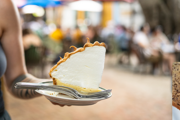 Slice of pie on a plate held outdoors, with blurred background.