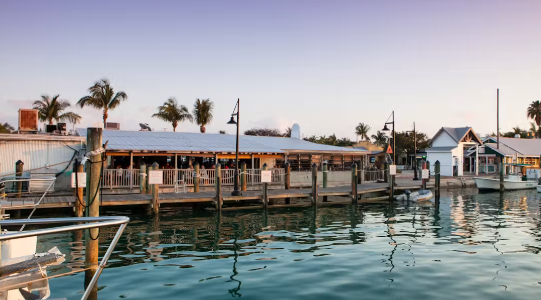 Boat dock with waterfront buildings at sunset.