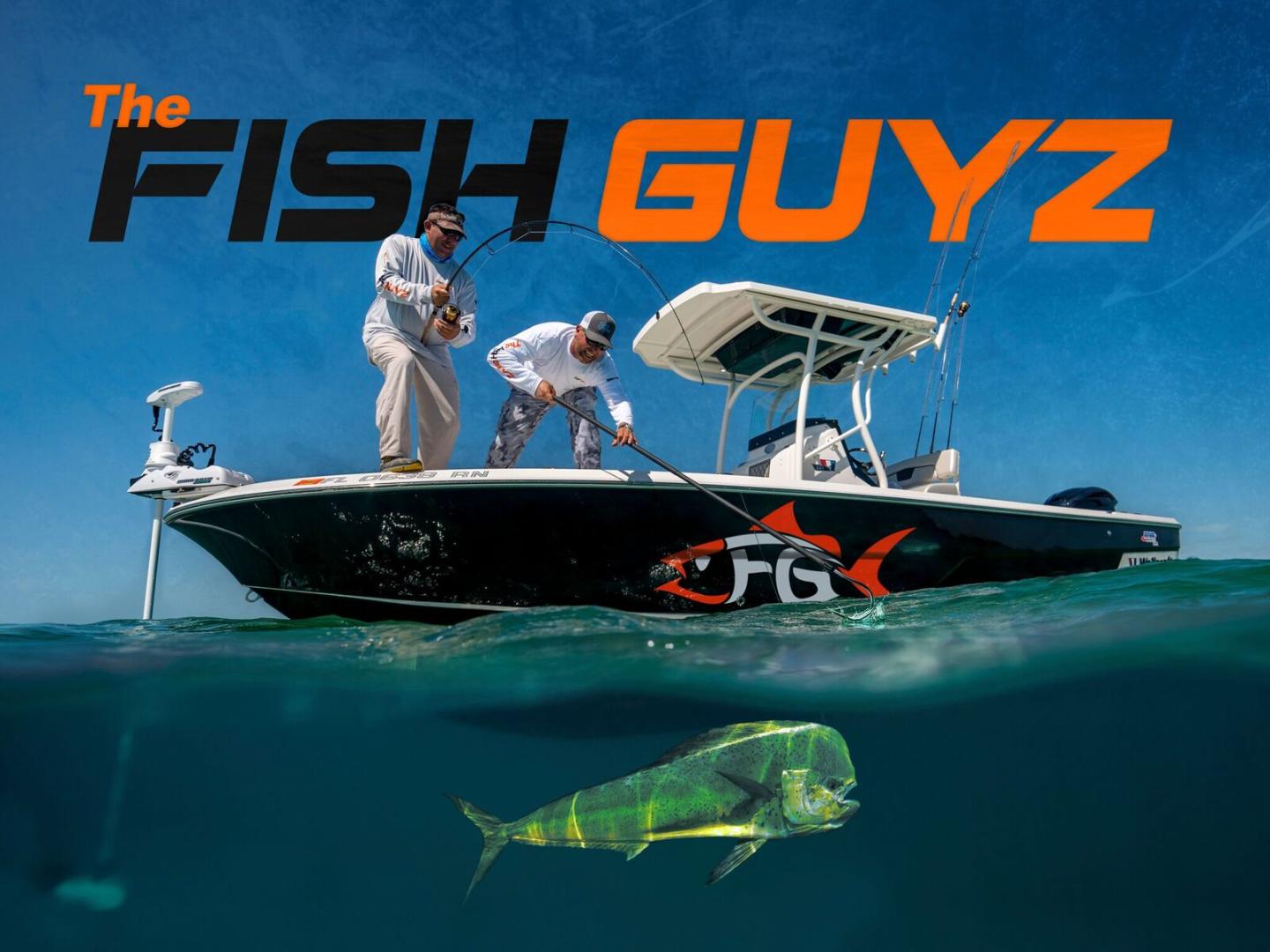 Boat with two anglers, fish swimming below in clear blue water.