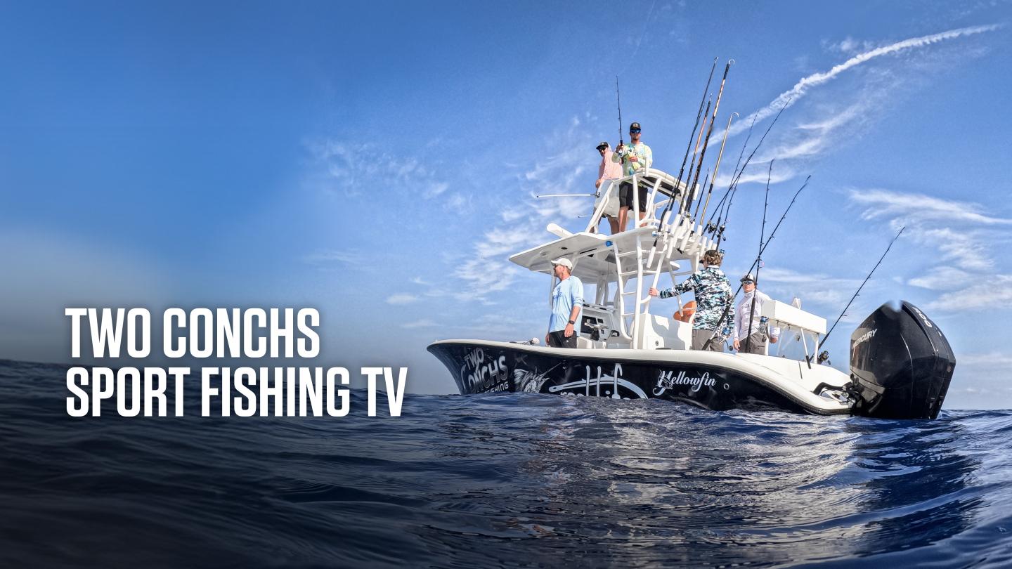 Sport fishing boat with people under a blue sky.