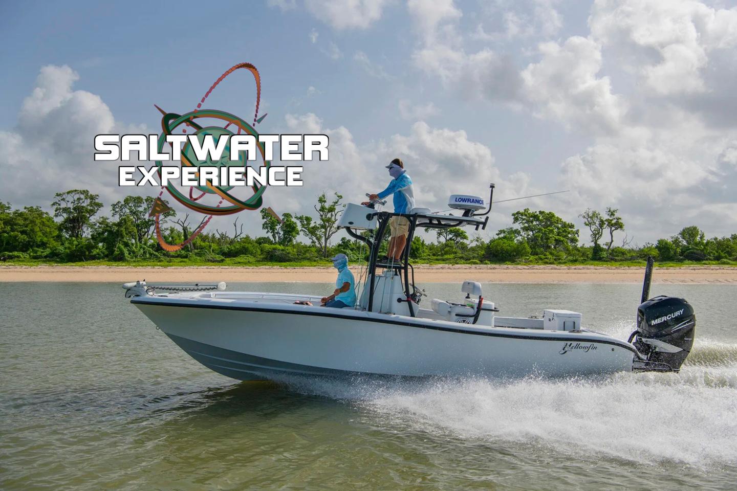 Boat speeding on water, anglers on deck, scenic background.