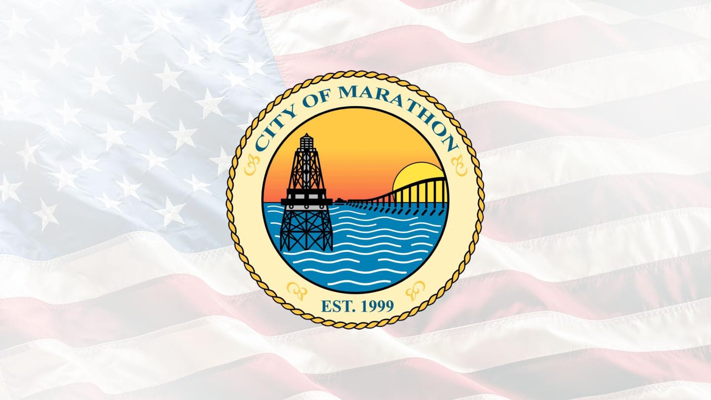 Seal of City of Marathon, Florida, overlaid on a faded U.S. flag background.