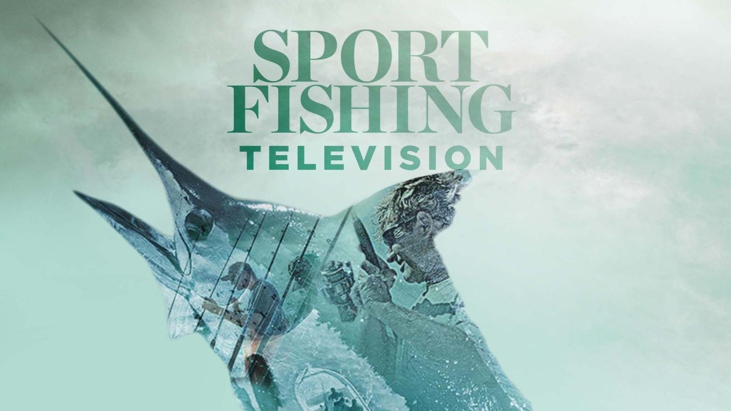 Marlin jumping out of water, with text "Sport Fishing Television."