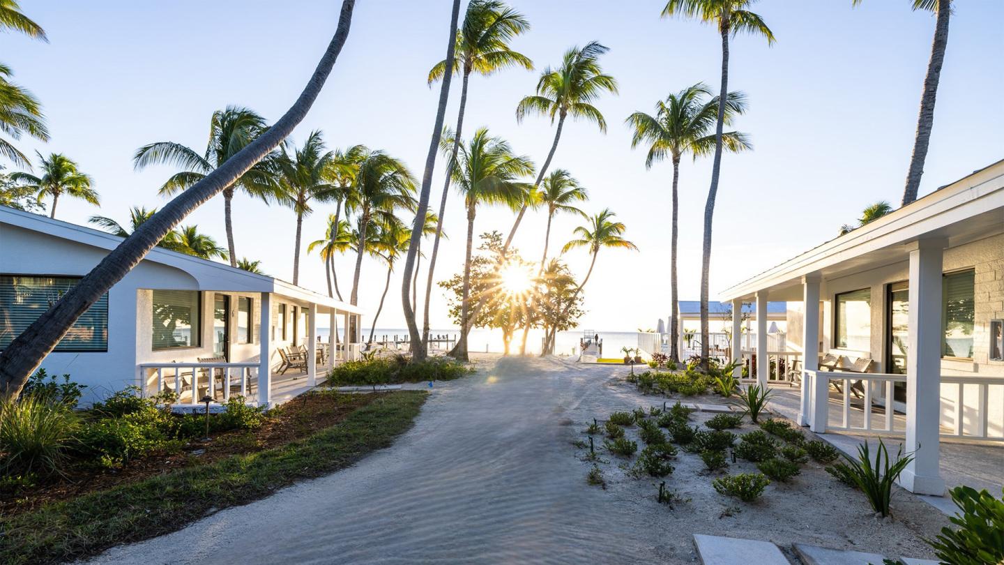 Beachfront bungalows with palm trees and sunset in the background.