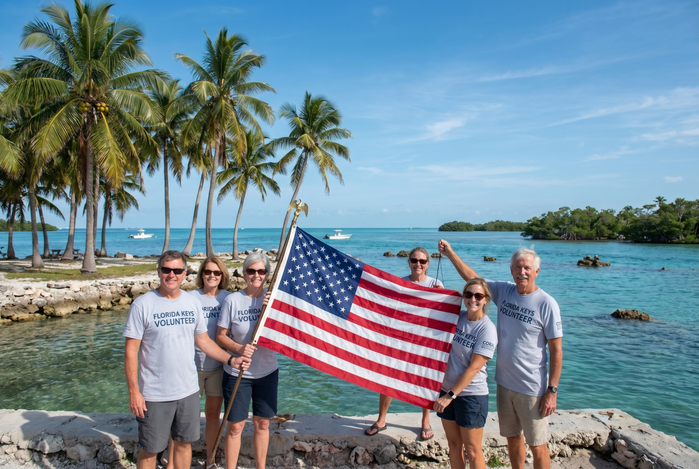 Group holding an American flag near a tropical beach with palm trees.