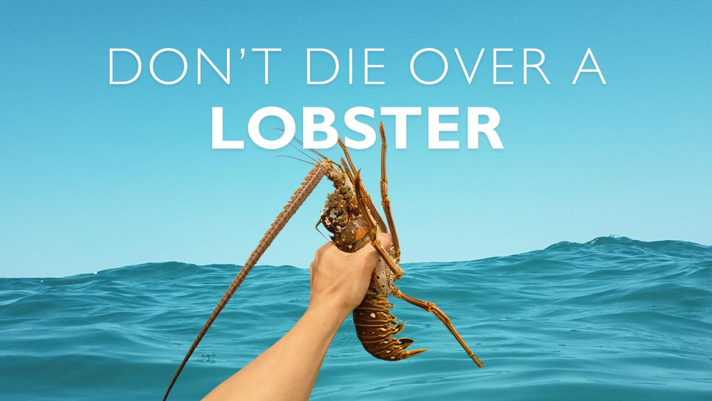 Hand holding lobster over ocean waves.