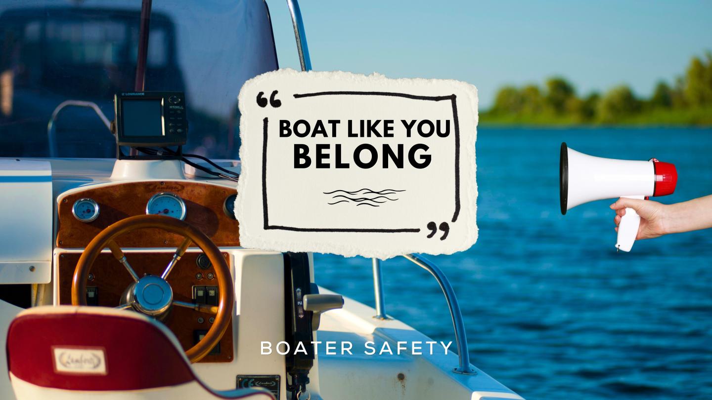 Boat helm and megaphone with water and trees in background, text overlay.