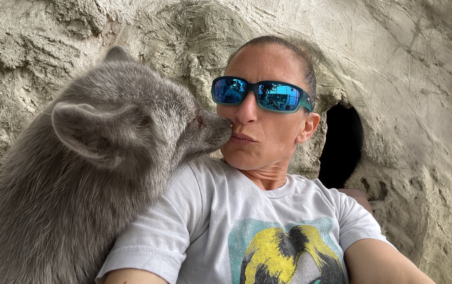 Person in sunglasses with a fox, stone background.