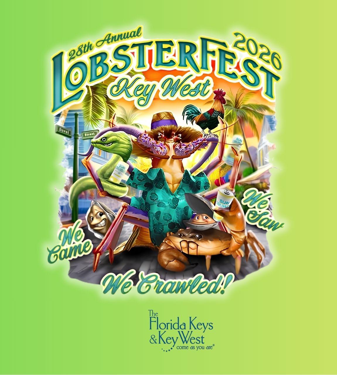 Colorful lobster in a tropical setting with the text "Lobsterfest Key West 2026."