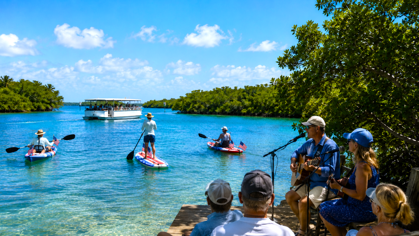 People paddleboarding on blue water, musicians playing on the shore, sunny day.