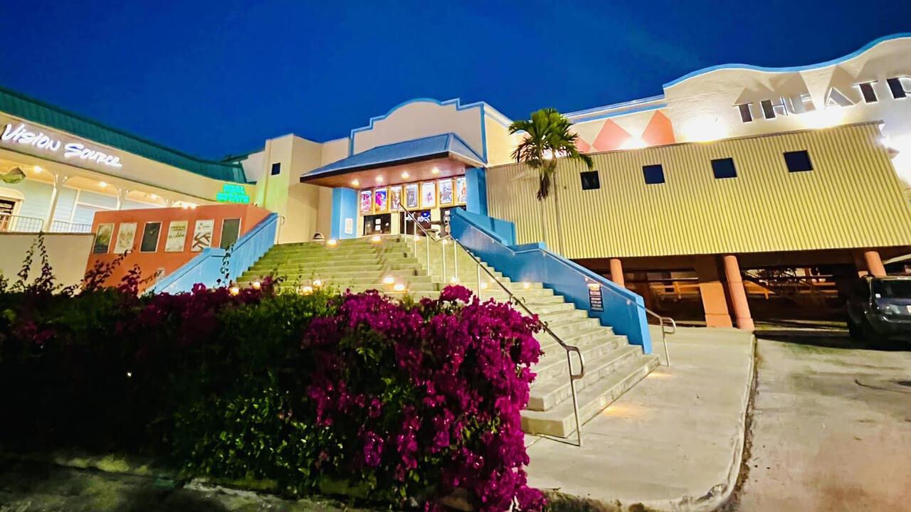 Colorful building with stairs, bright lights, and flowering bushes at night.