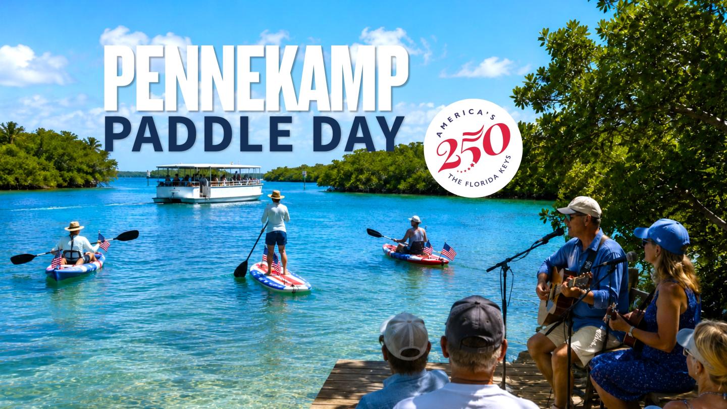 People paddleboarding on blue water, musicians play by the shore, lush greenery surrounds.