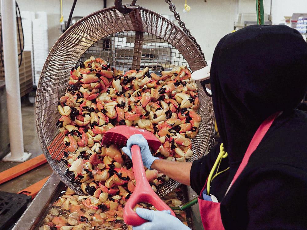 Worker sorting dried red peppers and nuts in a large woven basket