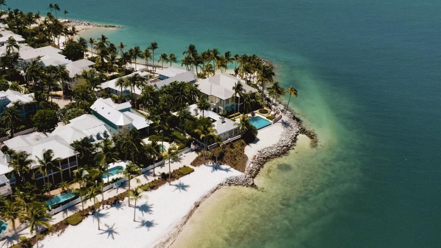 Aerial view of tropical beachfront resort with palm trees and turquoise water