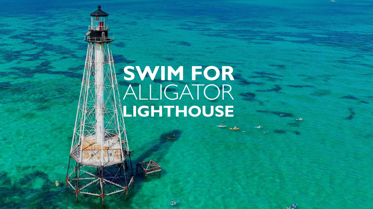 Aerial view of Alligator Lighthouse in turquoise water, with Swim for Alligator Lighthouse text.
