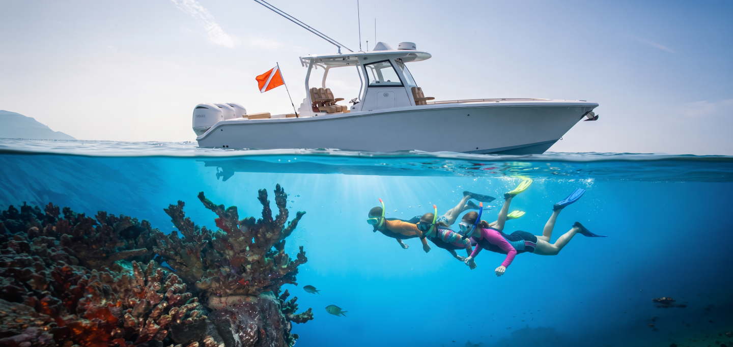 Split-view photo of divers exploring a coral reef beneath a research boat.