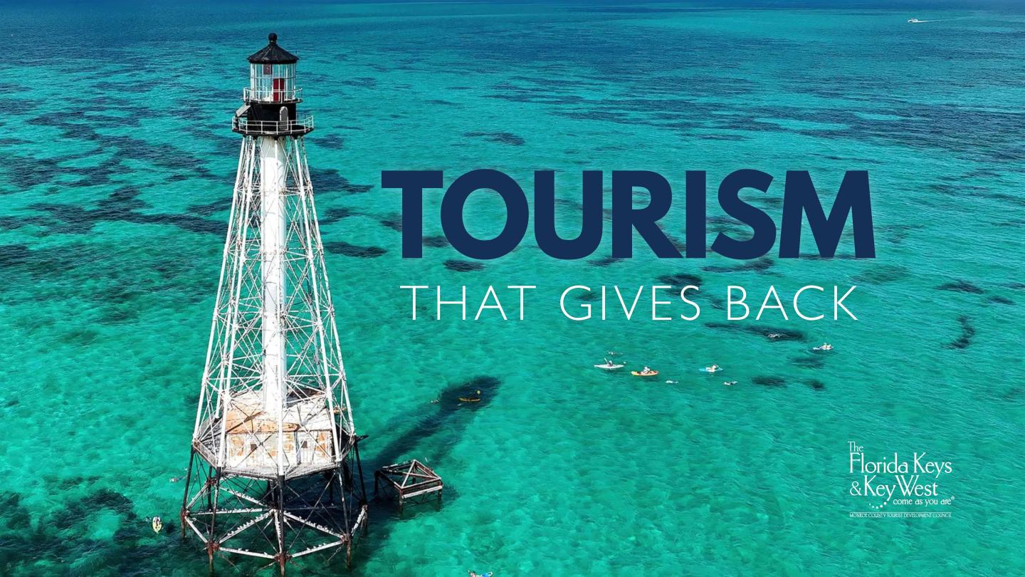 Lighthouse in turquoise water beside “Tourism That Gives Back” text.