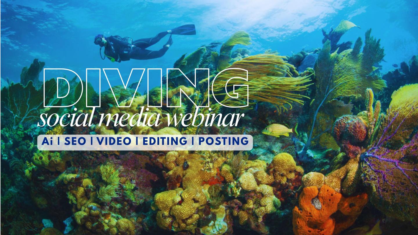 Scuba diver above a vibrant coral reef with “Diving” title text