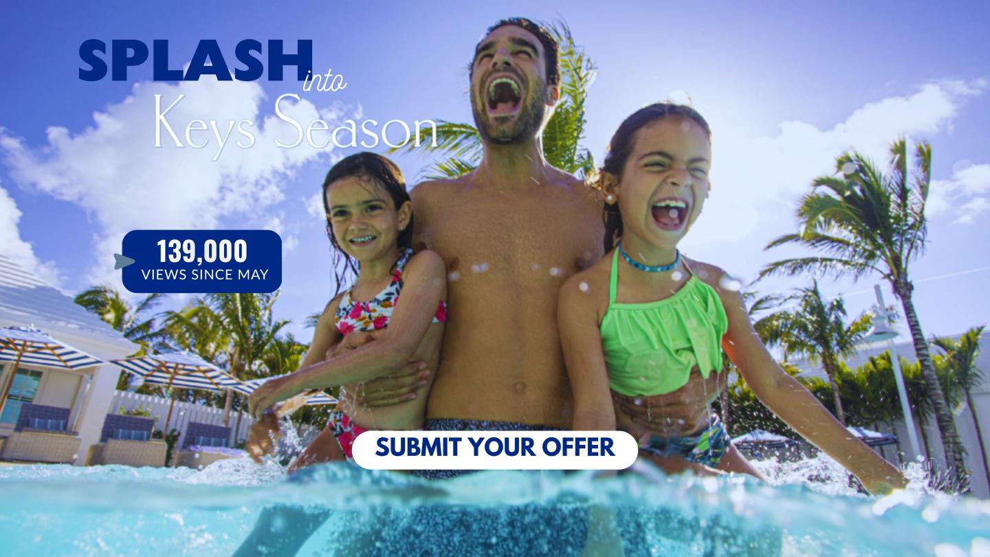 Family splashing in a pool at a tropical resort with a cash offer graphic.