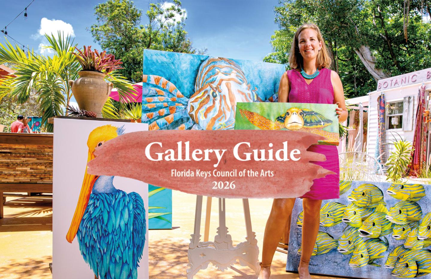 Colorful graphic of a woman in a tropical garden holding a “Gallery Guide” sign.