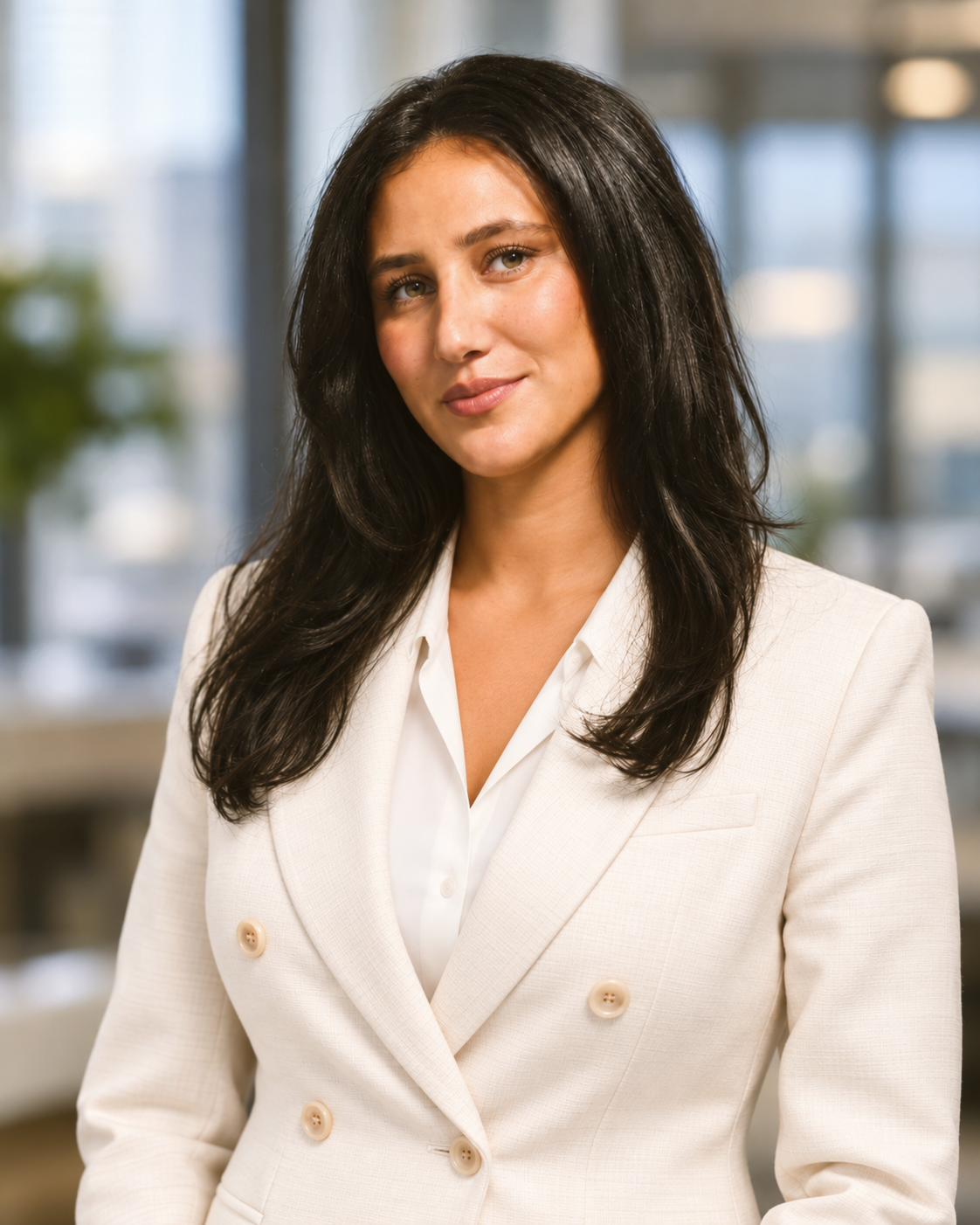 Professional headshot of a woman in a white blazer in a modern office.