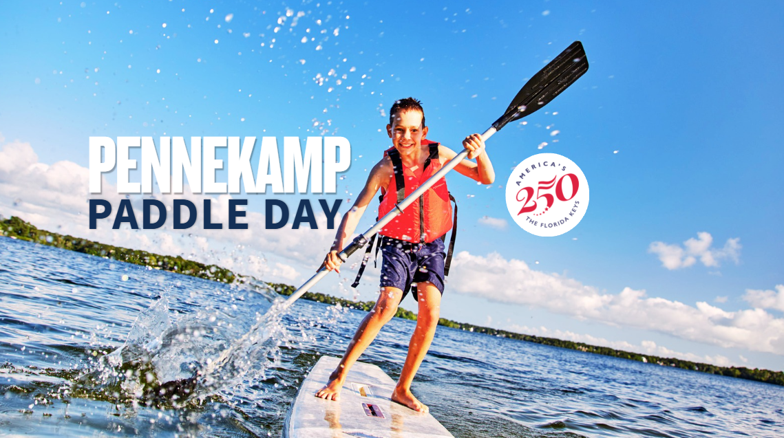 Paddler kayaking on water beside Pennekamp Paddle Day and 250 logo text.