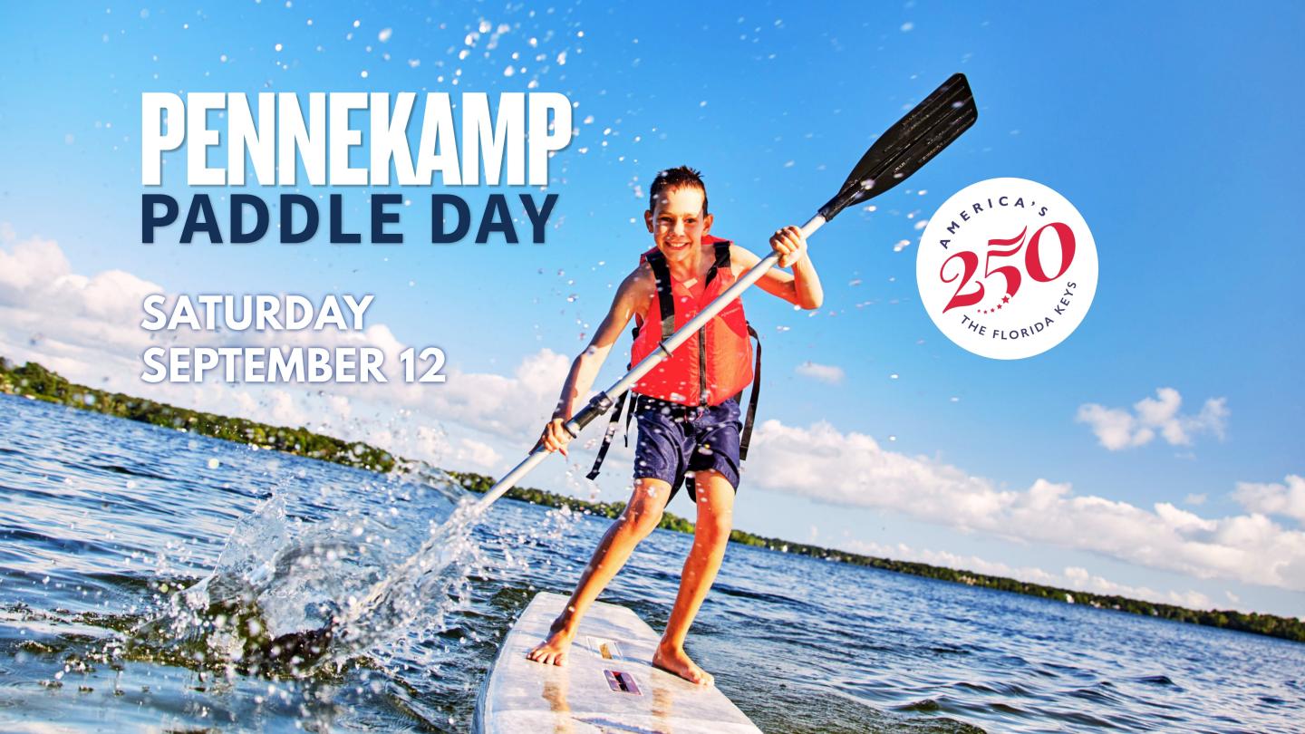 Pennekamp Paddle Day logo over photo of a woman paddleboarding on blue water.