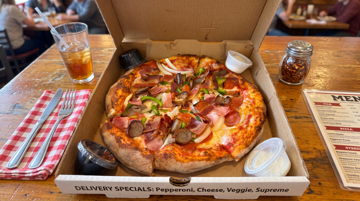 Freshly baked supreme pizza in an open cardboard box on a restaurant table.