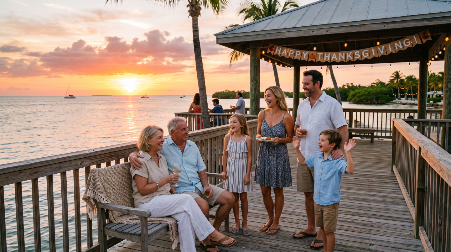 Family of five enjoying sunset on a wooden pier by the ocean.