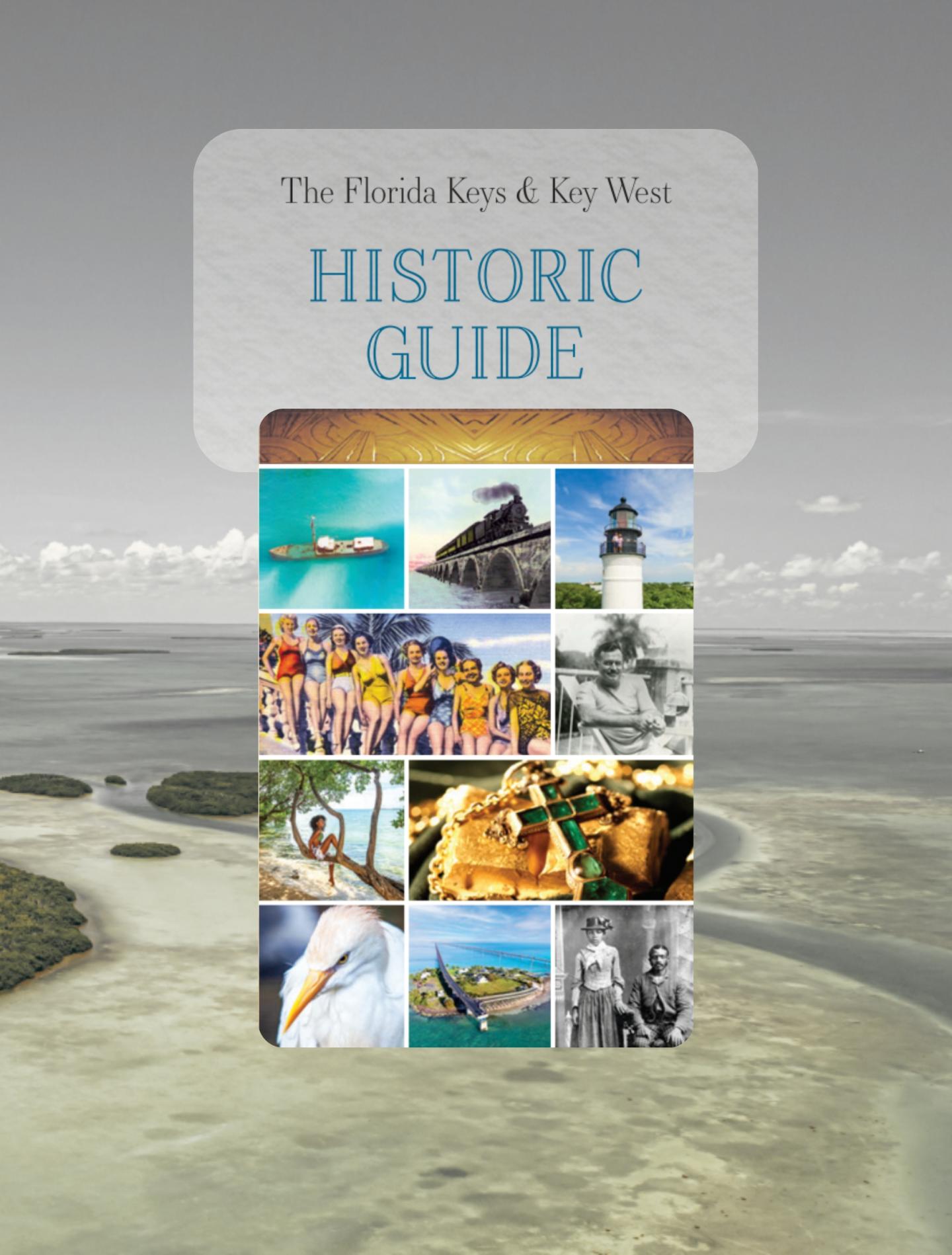 Historic Guide book cover featuring coastal landscapes, wildlife, boats, and local scenes.