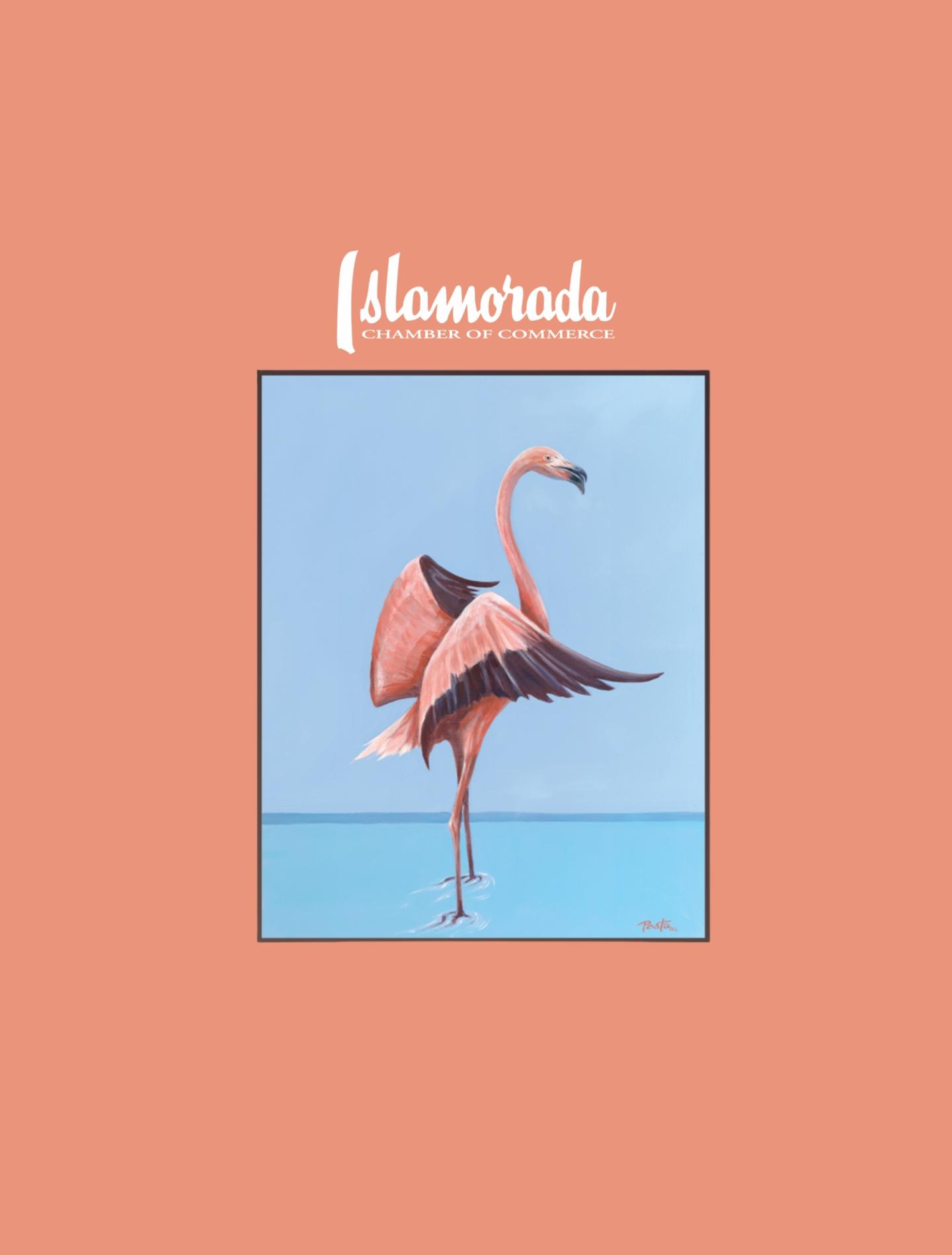 Graphic of a pink flamingo standing on one leg against a blue background.