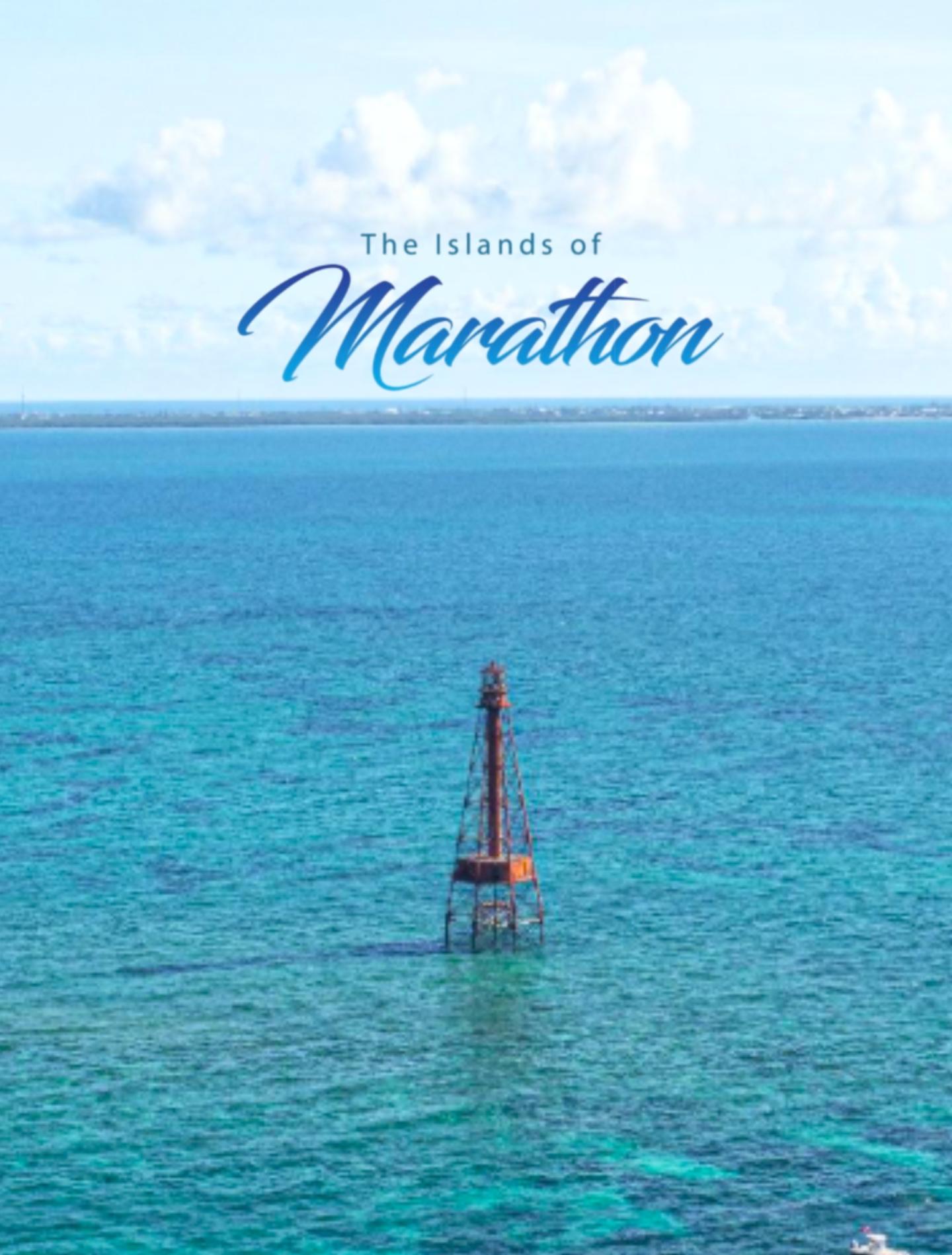 “The islands of Marathon” logo over turquoise sea with a red navigation beacon.