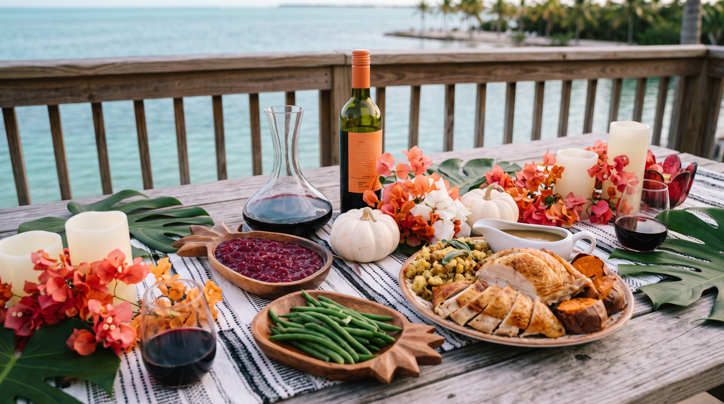 Thanksgiving meal spread on a rustic table overlooking water