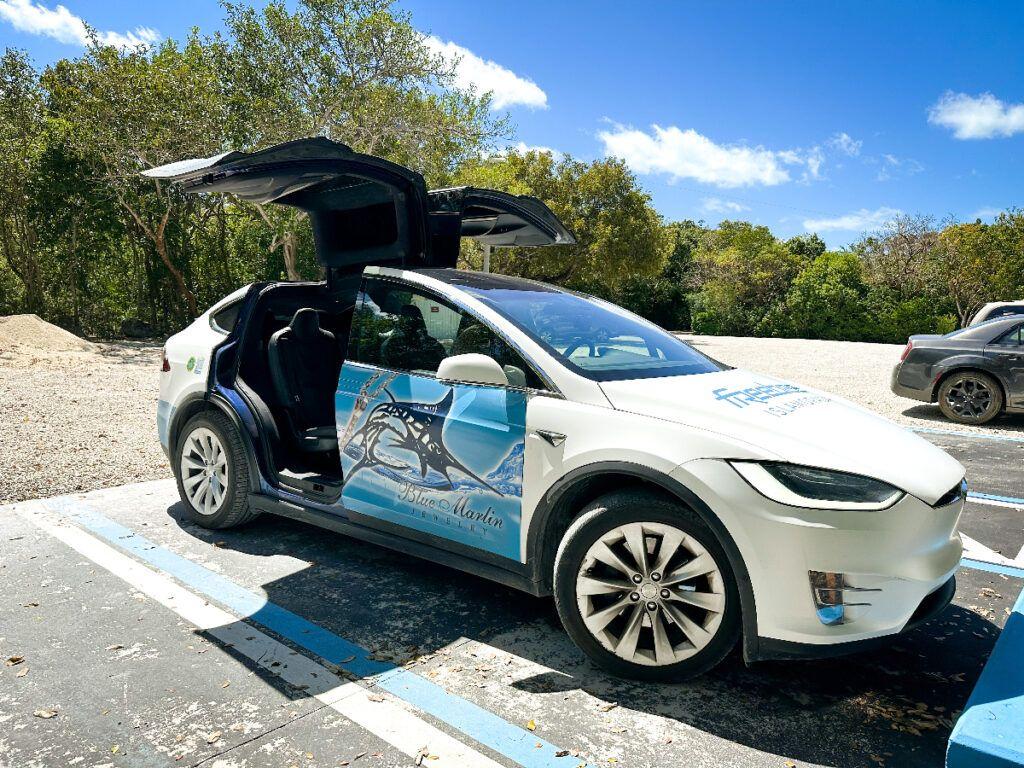White electric SUV with doors open, parked in a charging space.