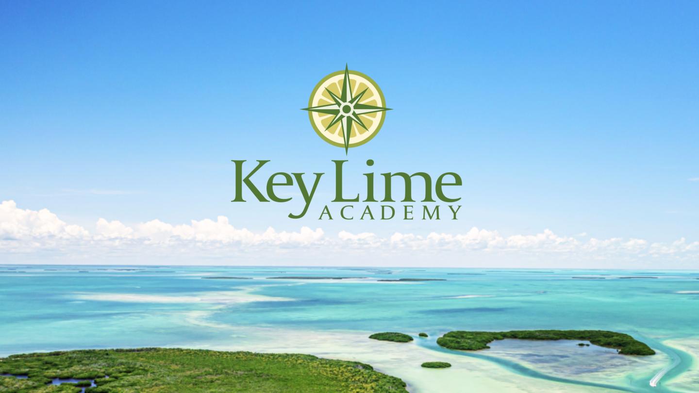 Key Lime Academy logo over aerial view of turquoise ocean and green islands