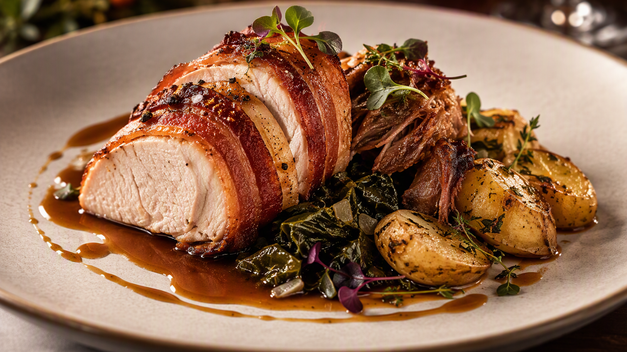 Sliced bacon-wrapped pork loin with potatoes and greens on a white plate.