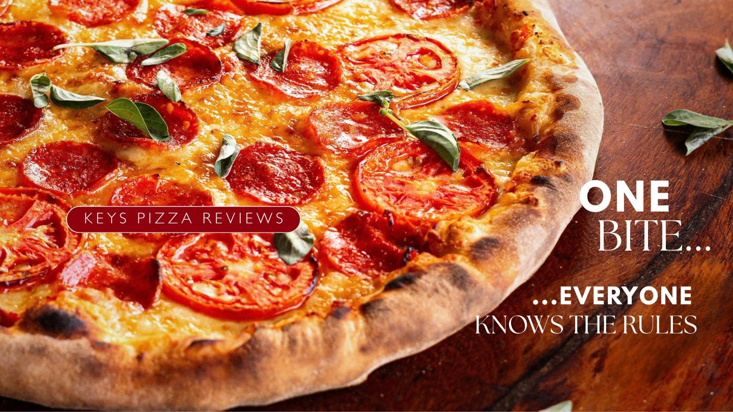 Pepperoni pizza with text: “One bite... everyone knows the rules.”